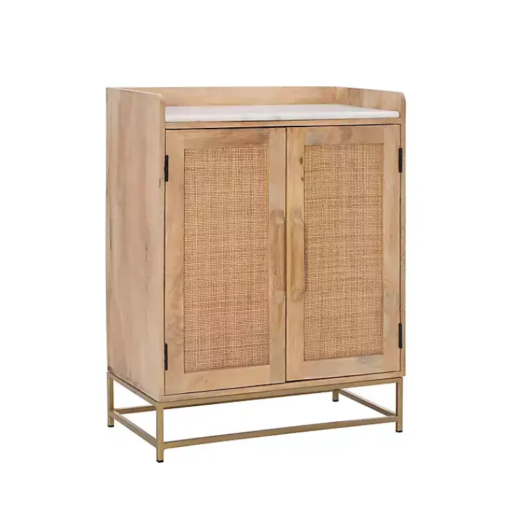 Kirklands Home Natural Marble Rattan Front Bar Cabinet