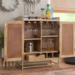 Kirklands Home Natural Marble Rattan Front Bar Cabinet