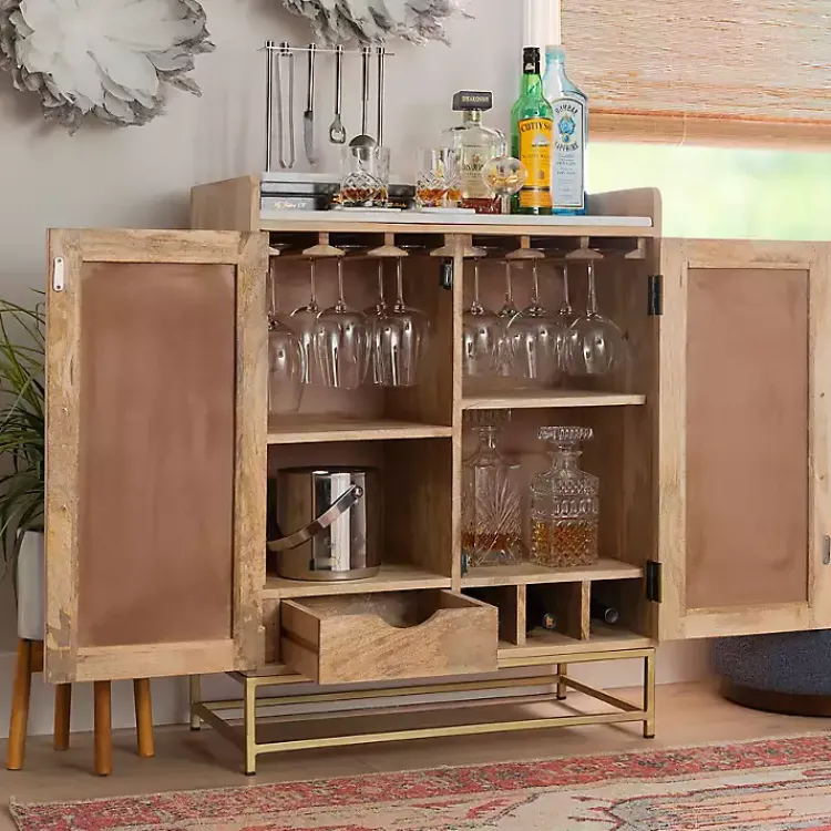 Kirklands Home Natural Marble Rattan Front Bar Cabinet