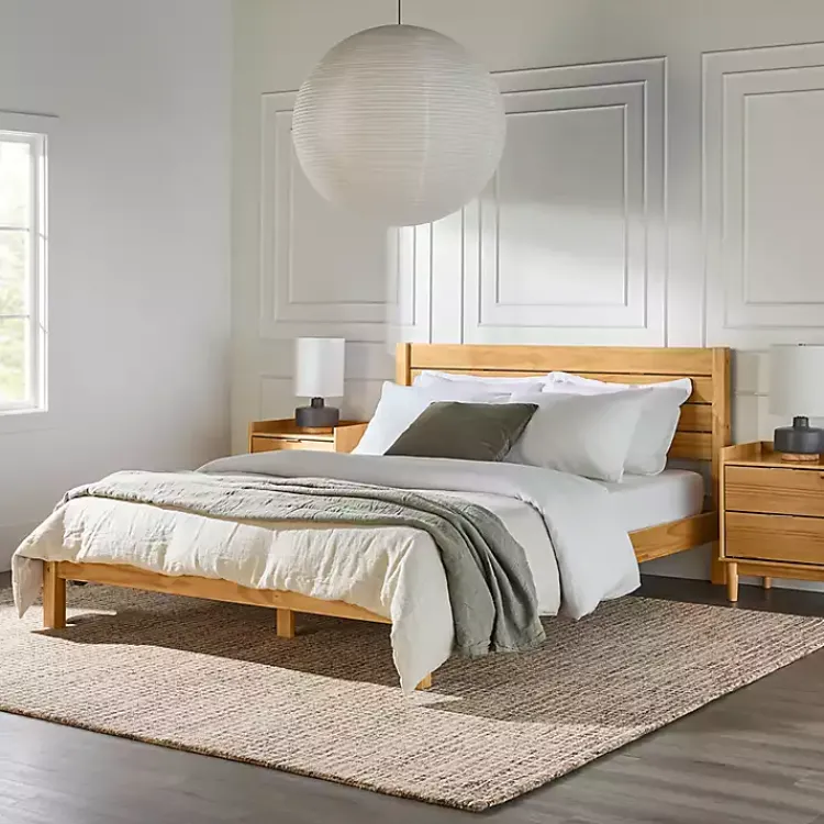 Kirklands Home Natural Pine Wood Slatted Headboard Queen Bed Tan Clearance