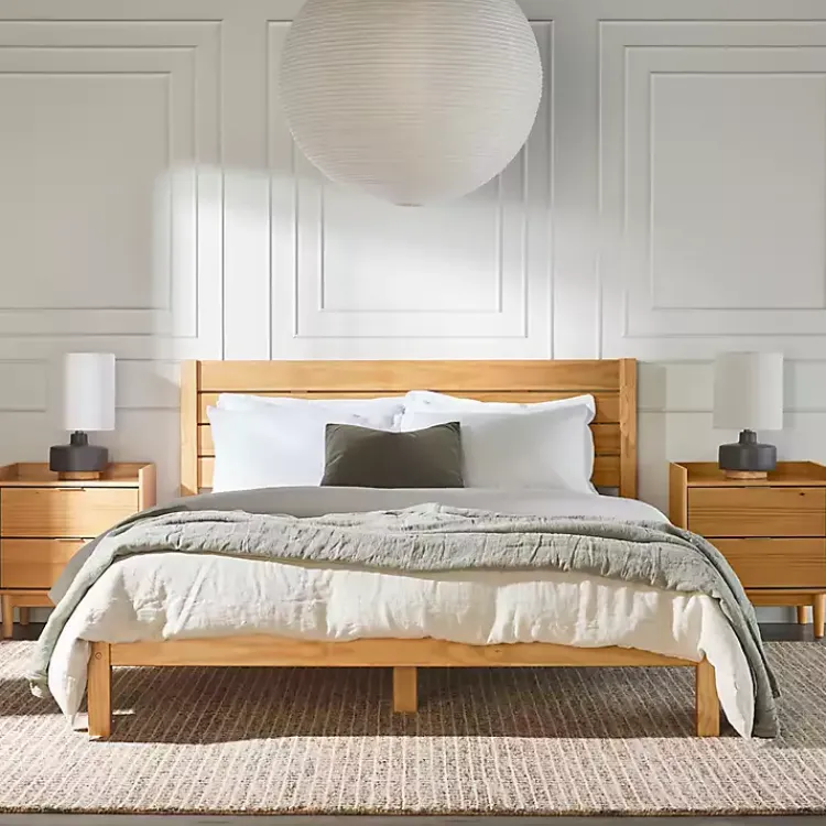 Kirklands Home Natural Pine Wood Slatted Headboard Queen Bed Tan Clearance