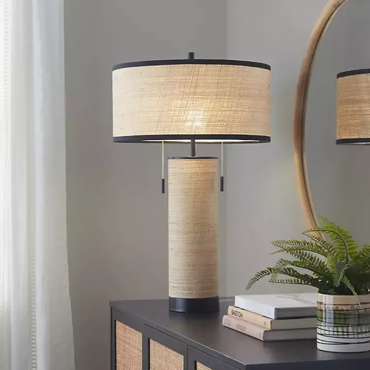 Kirklands Home Natural Rattan and Black Metal Table Lamp New