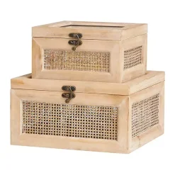 Baskets & Boxes>Kirklands Home Natural Rat and Glass Top Boxes, Set of 2 Tan