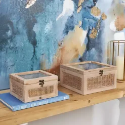 Baskets & Boxes>Kirklands Home Natural Rat and Glass Top Boxes, Set of 2 Tan