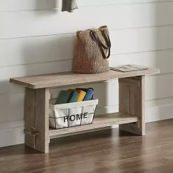 Kirklands Home Natural Rustic Whitewashed Mango Wood Bench Tan Clearance