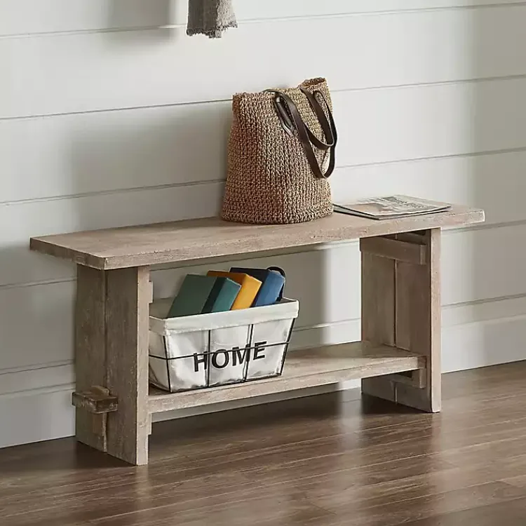 Kirklands Home Natural Rustic Whitewashed Mango Wood Bench Tan Clearance