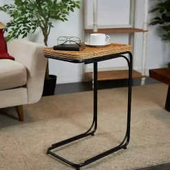 Kirklands Home Natural Seagrass and Black Metal C-Table Tan Clearance