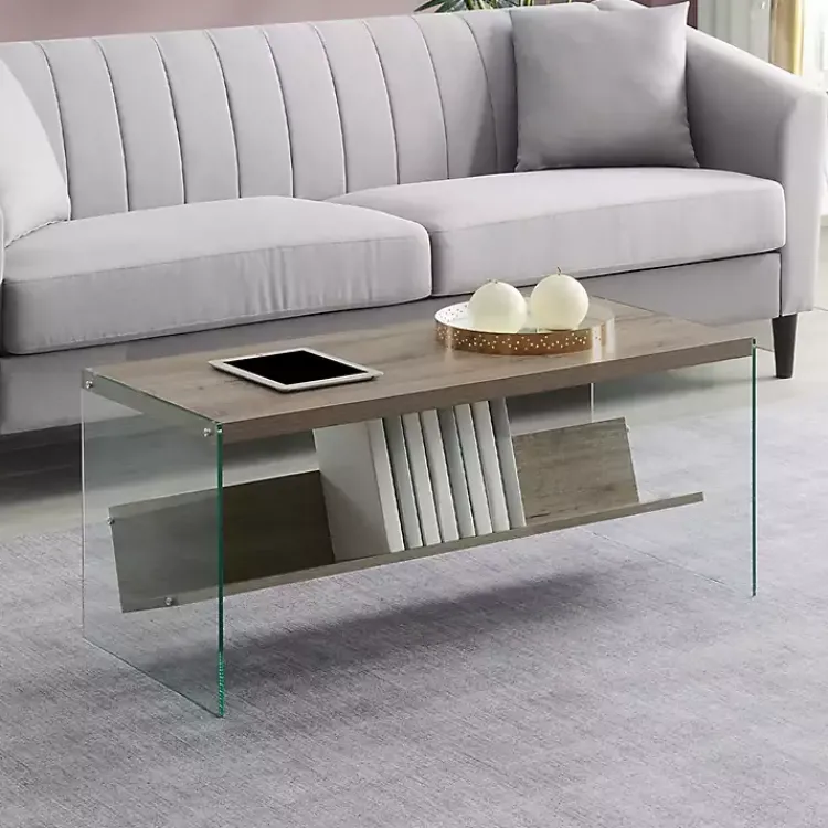 Kirklands Home Natural Soho Glass Coffee Table with V Shelf Brown Clearance