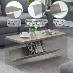 Kirklands Home Natural Soho Glass Coffee Table with V Shelf Brown Clearance