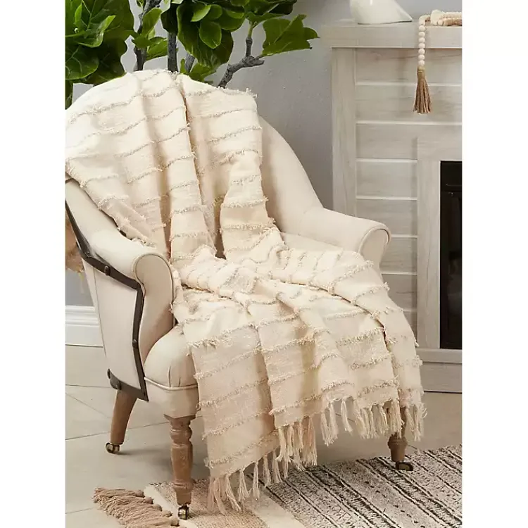 Blankets & Throws>Kirklands Home Natural Striped and Fringe Throw Blanket Tan
