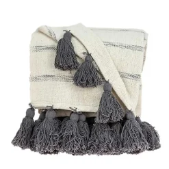 Blankets & Throws>Kirklands Home Natural Striped Cotton Handloomed Tassel Throw
