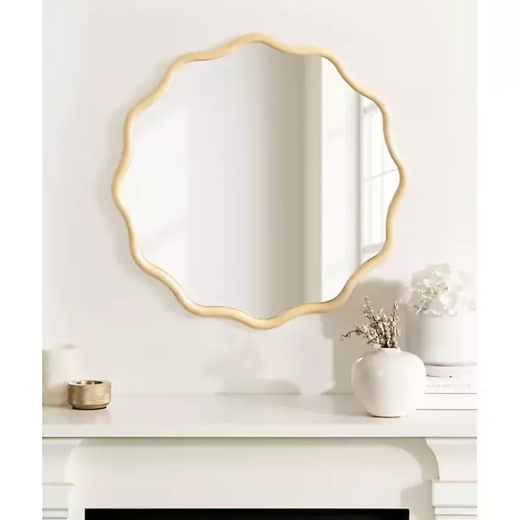 Kirklands Home Natural Wavy Scallop Round Wall Mirror Tan