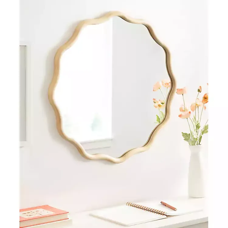 Kirklands Home Natural Wavy Scallop Round Wall Mirror Tan