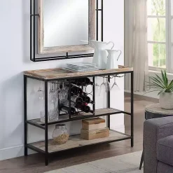 Kirklands Home Natural Wood & Black Metal Wine Rack Console Table New