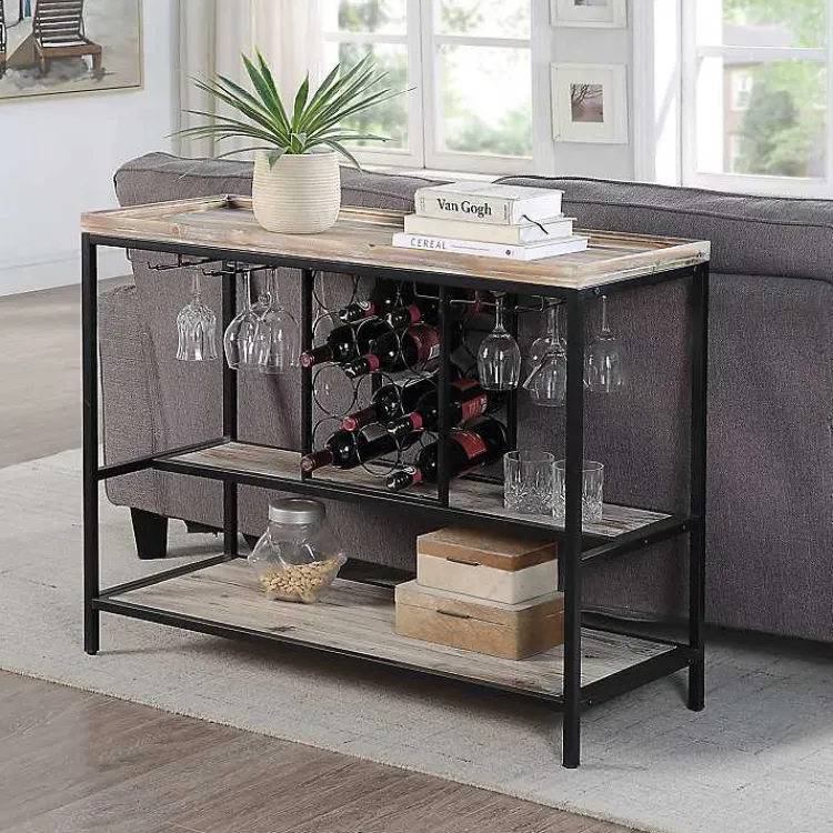 Kirklands Home Natural Wood & Black Metal Wine Rack Console Table New