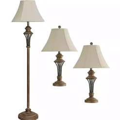 Kirklands Home Natural Wood & Bronze Metal 3-pc. Lamp Set Ivory Online