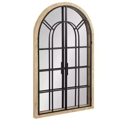 Kirklands Home Natural Wood and Metal Arch Windowpane Wall Mirror Clearance