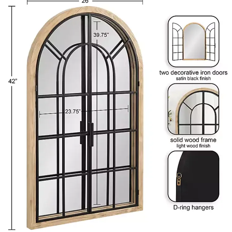 Kirklands Home Natural Wood and Metal Arch Windowpane Wall Mirror Clearance