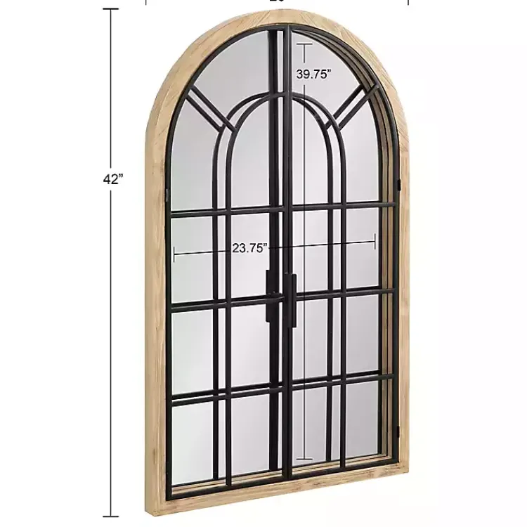 Kirklands Home Natural Wood and Metal Arch Windowpane Wall Mirror Clearance