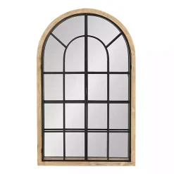 Kirklands Home Natural Wood and Metal Arch Windowpane Wall Mirror Clearance