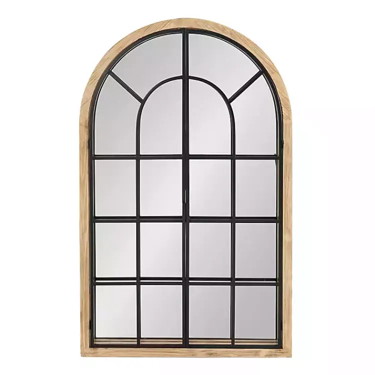 Kirklands Home Natural Wood and Metal Arch Windowpane Wall Mirror Clearance