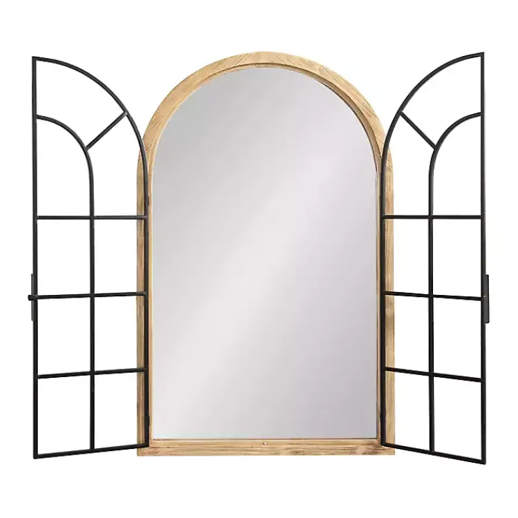 Kirklands Home Natural Wood and Metal Arch Windowpane Wall Mirror Clearance