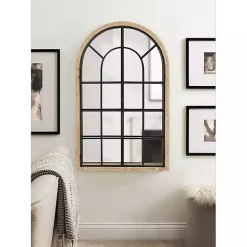 Kirklands Home Natural Wood and Metal Arch Windowpane Wall Mirror Clearance