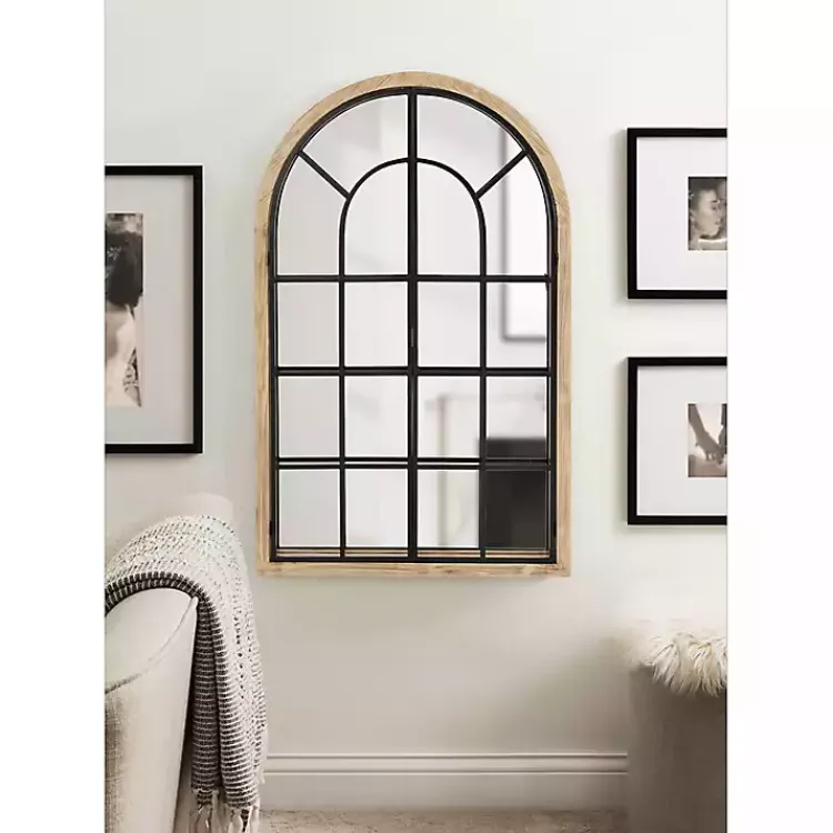 Kirklands Home Natural Wood and Metal Arch Windowpane Wall Mirror Clearance