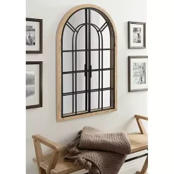Kirklands Home Natural Wood and Metal Arch Windowpane Wall Mirror Clearance