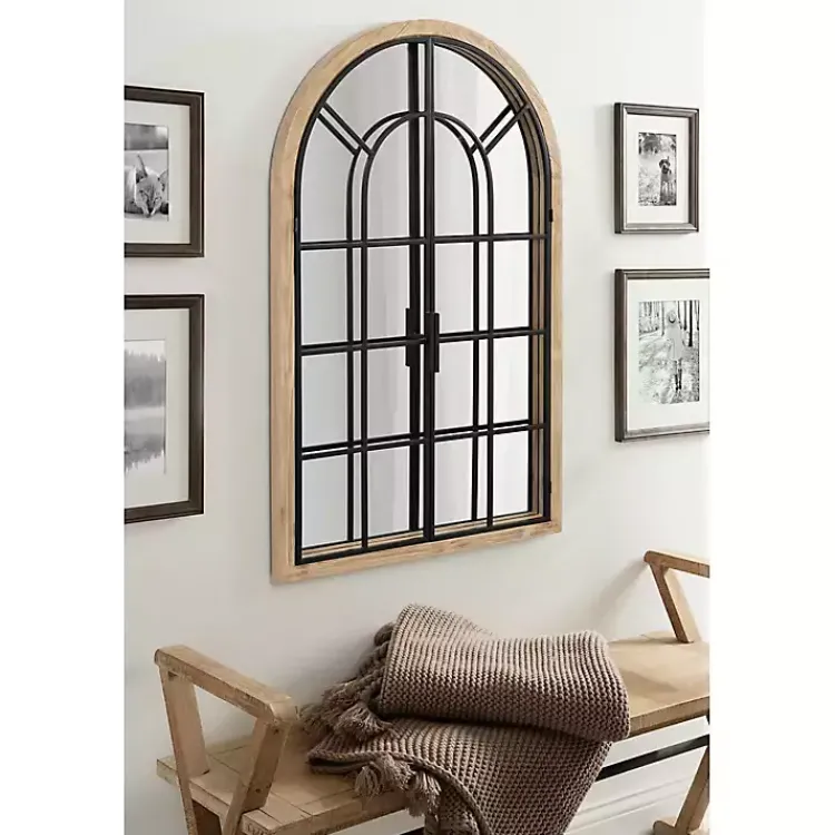 Kirklands Home Natural Wood and Metal Arch Windowpane Wall Mirror Clearance