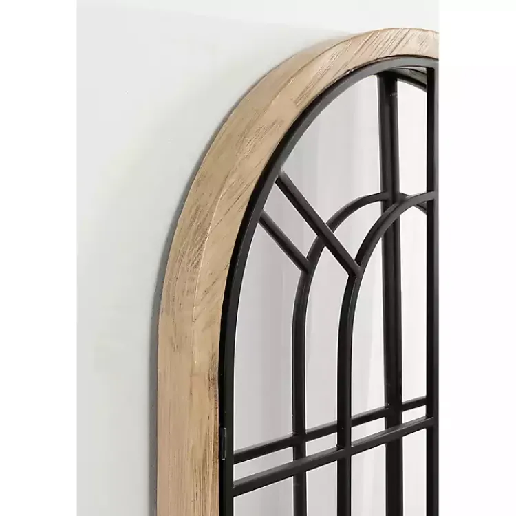 Kirklands Home Natural Wood and Metal Arch Windowpane Wall Mirror Clearance