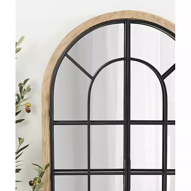 Kirklands Home Natural Wood and Metal Arch Windowpane Wall Mirror Clearance