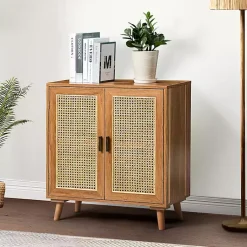 Kirklands Home Natural Wood and Rattan 2-Door Cabinet Brown Clearance