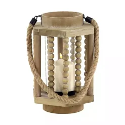 Lanterns>Kirklands Home Natural Wood Beaded & Rope Handle Lantern Tan