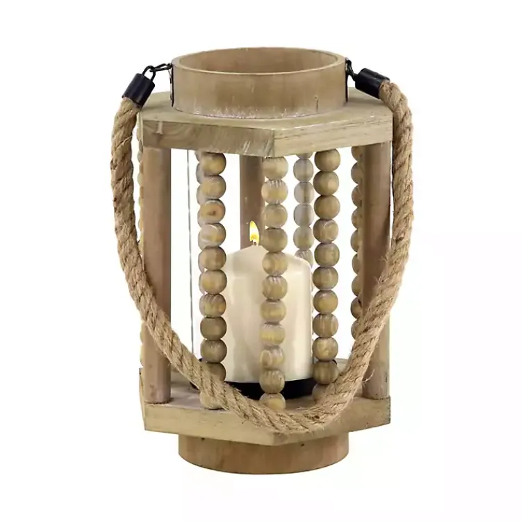 Lanterns>Kirklands Home Natural Wood Beaded & Rope Handle Lantern Tan