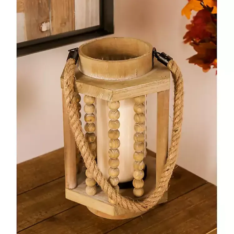 Lanterns>Kirklands Home Natural Wood Beaded & Rope Handle Lantern Tan
