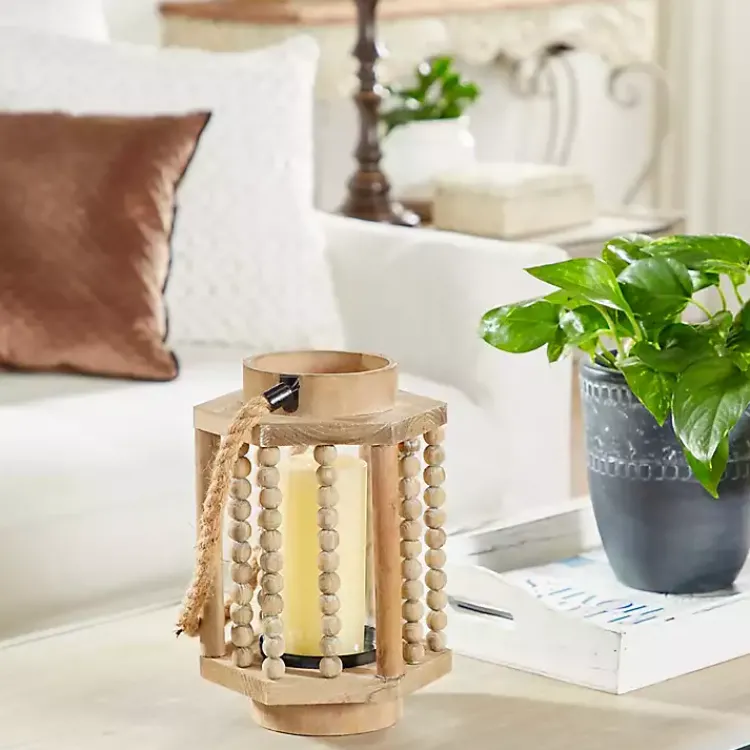 Lanterns>Kirklands Home Natural Wood Beaded & Rope Handle Lantern Tan