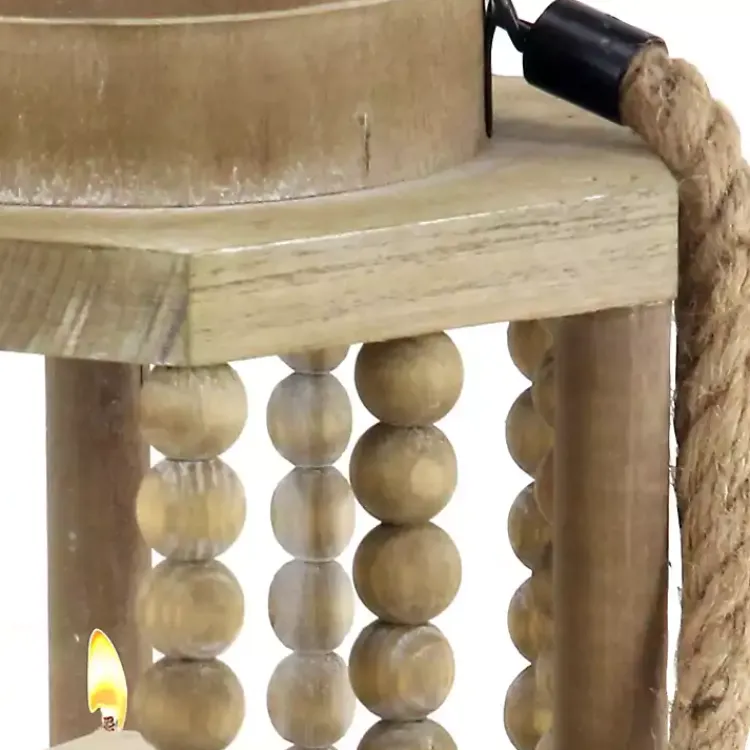 Lanterns>Kirklands Home Natural Wood Beaded & Rope Handle Lantern Tan