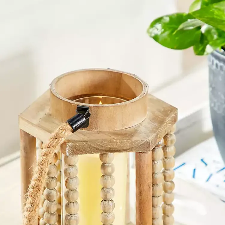 Lanterns>Kirklands Home Natural Wood Beaded & Rope Handle Lantern Tan