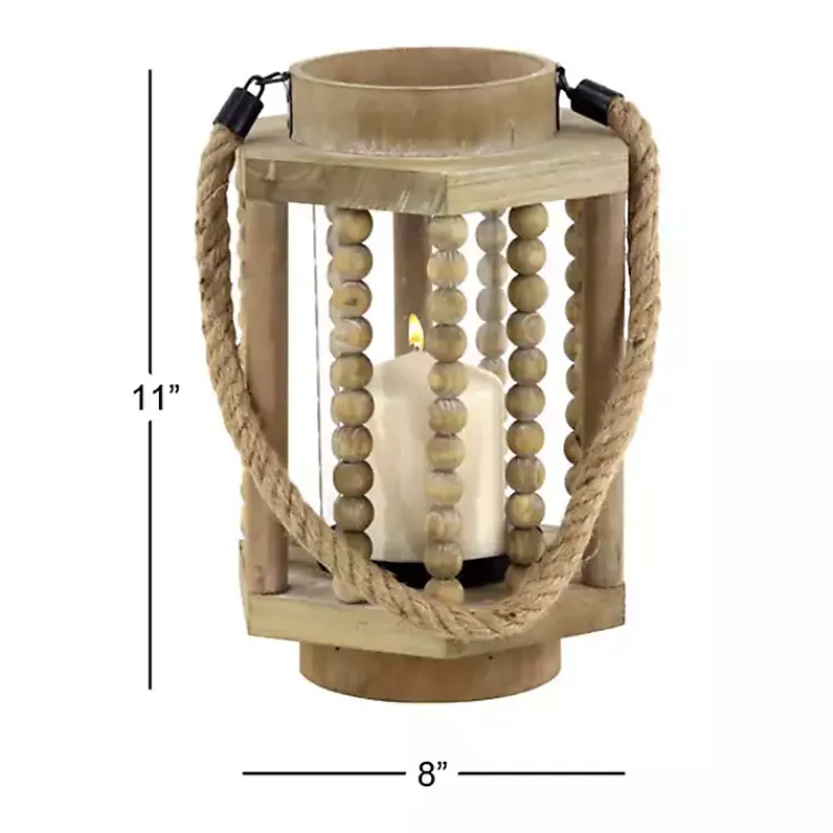 Lanterns>Kirklands Home Natural Wood Beaded & Rope Handle Lantern Tan