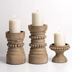 Candle Holders>Kirklands Home Natural Wood Beaded 3-pc. Pillar Candle Holder Set Brown