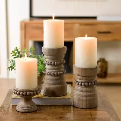 Candle Holders>Kirklands Home Natural Wood Beaded Pillar Candle Holder, 9 in. Tan
