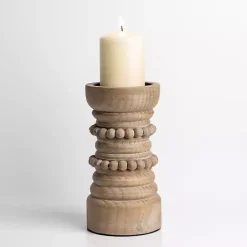 Candle Holders>Kirklands Home Natural Wood Beaded Pillar Candle Holder, 9 in. Tan