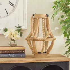 Lanterns>Kirklands Home Natural Wood Beaded Teardrop Lantern Tan