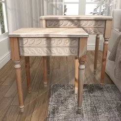 Kirklands Home Natural Wood Carved Leaf Accent Tables, Set of 2 New