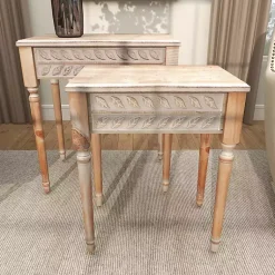 Kirklands Home Natural Wood Carved Leaf Accent Tables, Set of 2 New