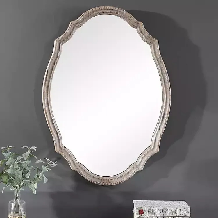 Kirklands Home Natural Wood Distressed Curved Frame Mirror New