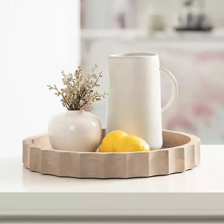 Decorative Trays>Kirklands Home Natural Wood Fluted Lissi Round Serving Tray Tan