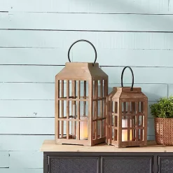 Lanterns>Kirklands Home Natural Wood Windowpane Lantern, 22 in. Tan