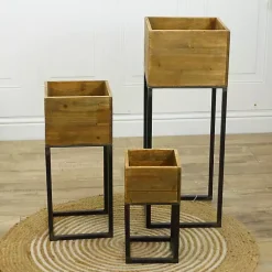 Kirklands Home Natural Wood with Metal Base Planters, Set of 3